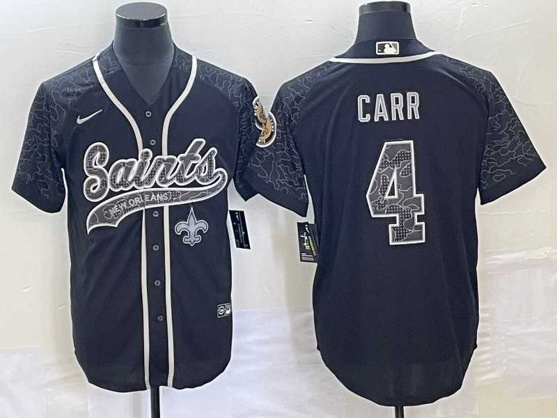 Mens New Orleans Saints #4 Derek Carr Black Reflective With Patch Cool Base Stitched Baseball Jersey->new orleans saints->NFL Jersey